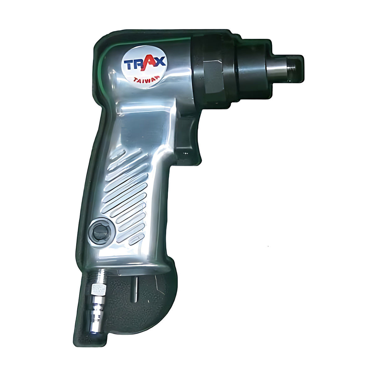 Trax air tool with silver pistol-grip body, black output head and air inlet fitting, Trax Taiwan label, on white background