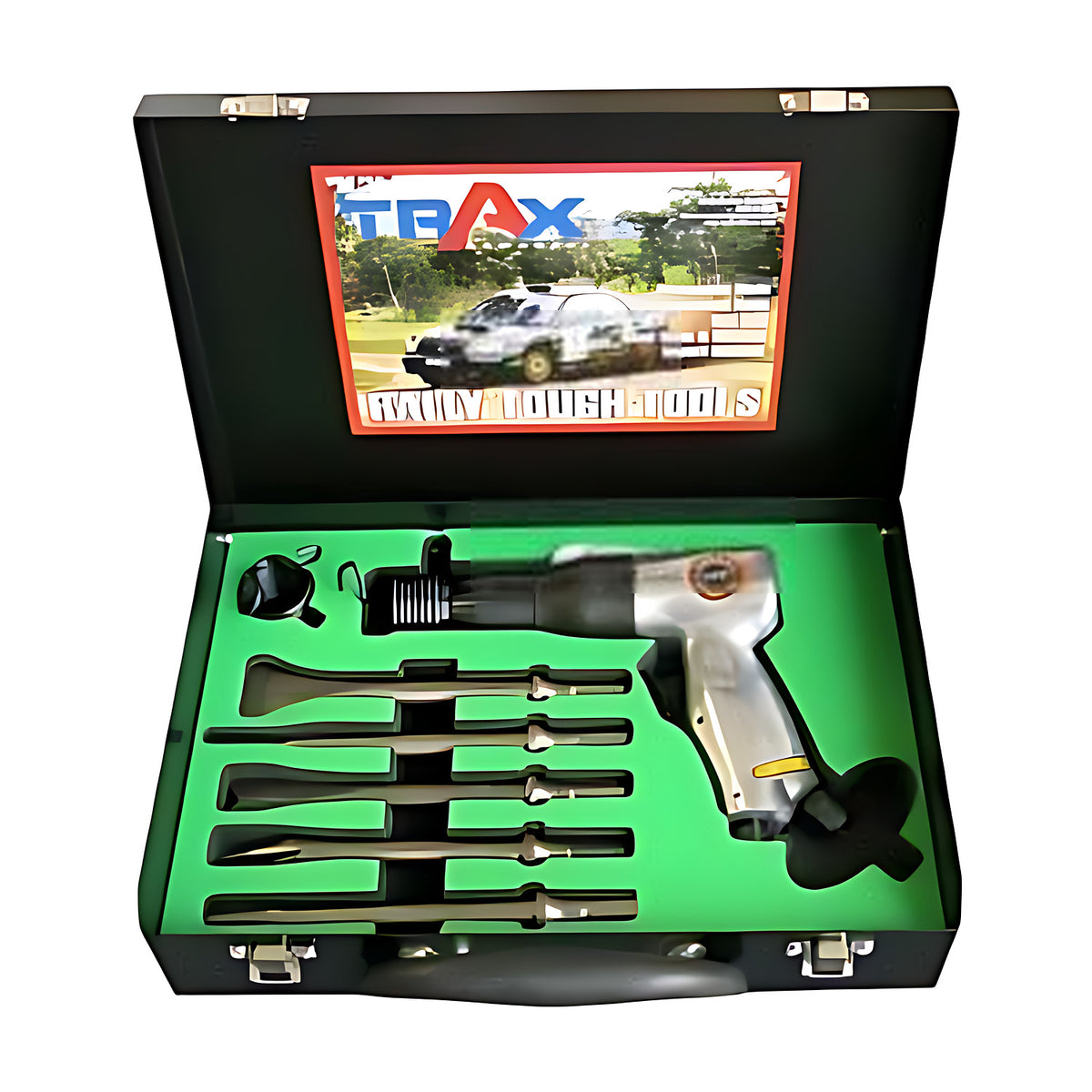 Trax 5 piece hex shank chisel kit ARX-ACS5H, air hammer and chisels in a black metal case with green foam