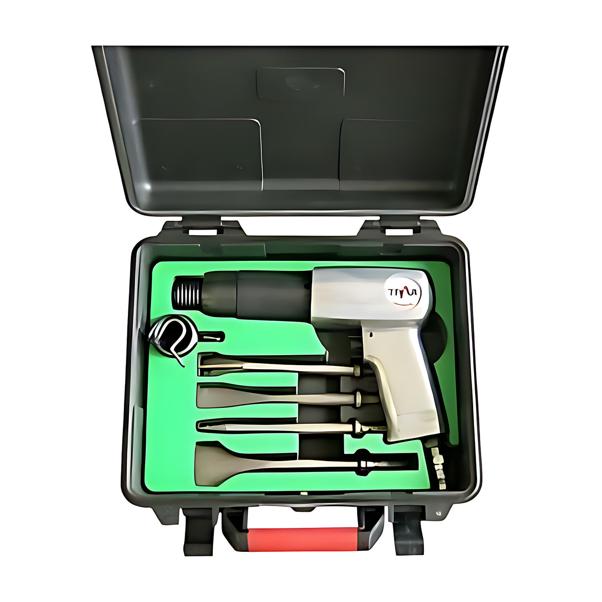 Trax 5 piece round shank chisel kit ARX-ACS5R, air hammer and chisels in a grey carry case with green foam