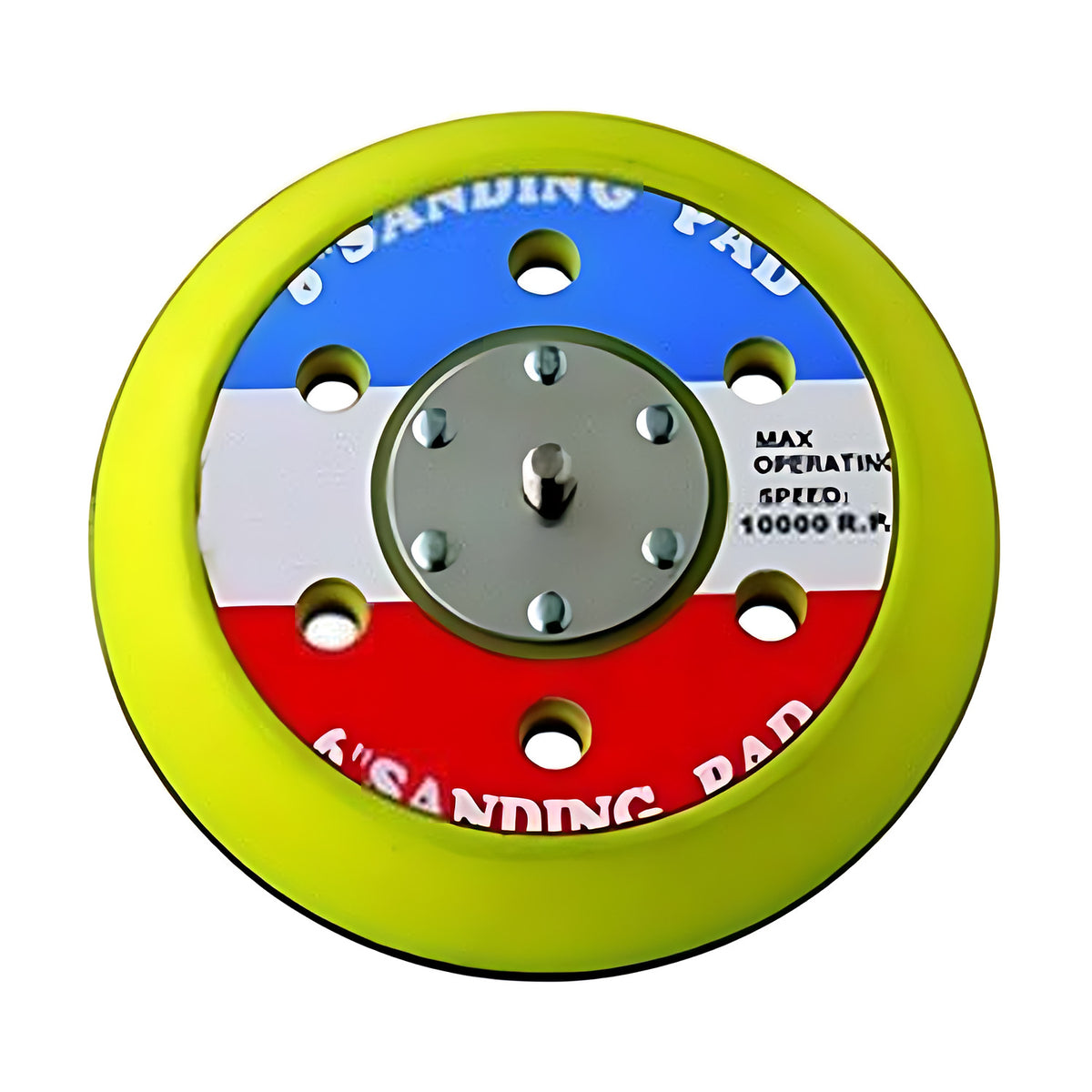 Trax 6" backing pad with 6 holes ARX-6SPHDF6, yellow foam edge and metal centre plate, printed 6" sanding pad
