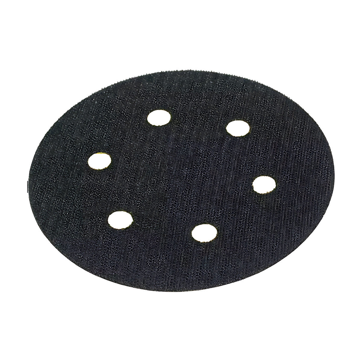 Trax 6" hook and loop backing pad ARX-6SPDFV, black loop-faced disc with six holes, on white background