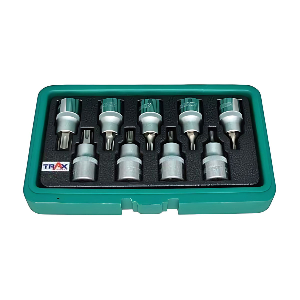 Trax 9 piece 1/2" drive tamperproof Torx bit set ARX-SB4009RB, bit sockets in a green case with black foam