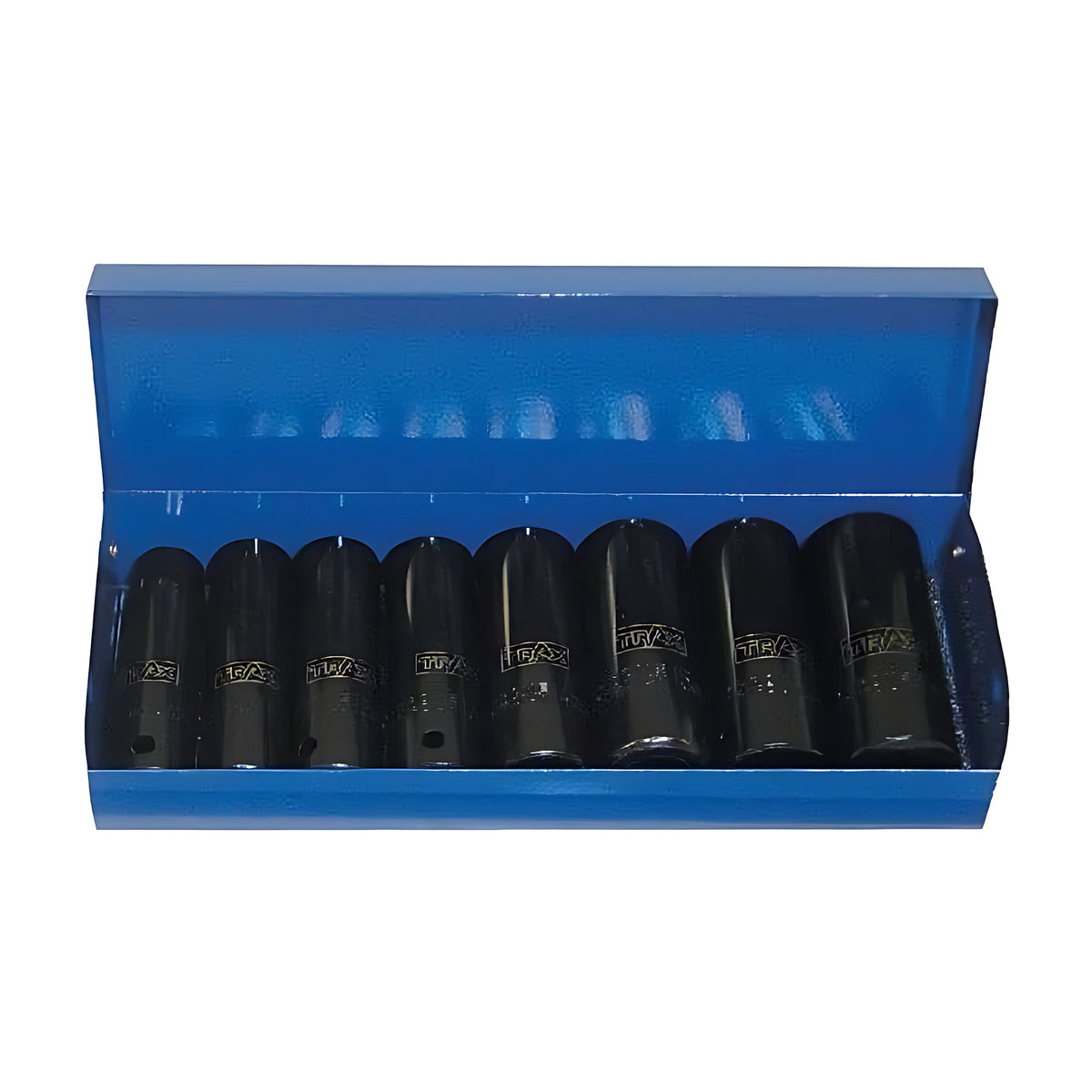 Trax AD-309M 3/8" drive long metric impact socket set in a blue metal case, eight black sockets