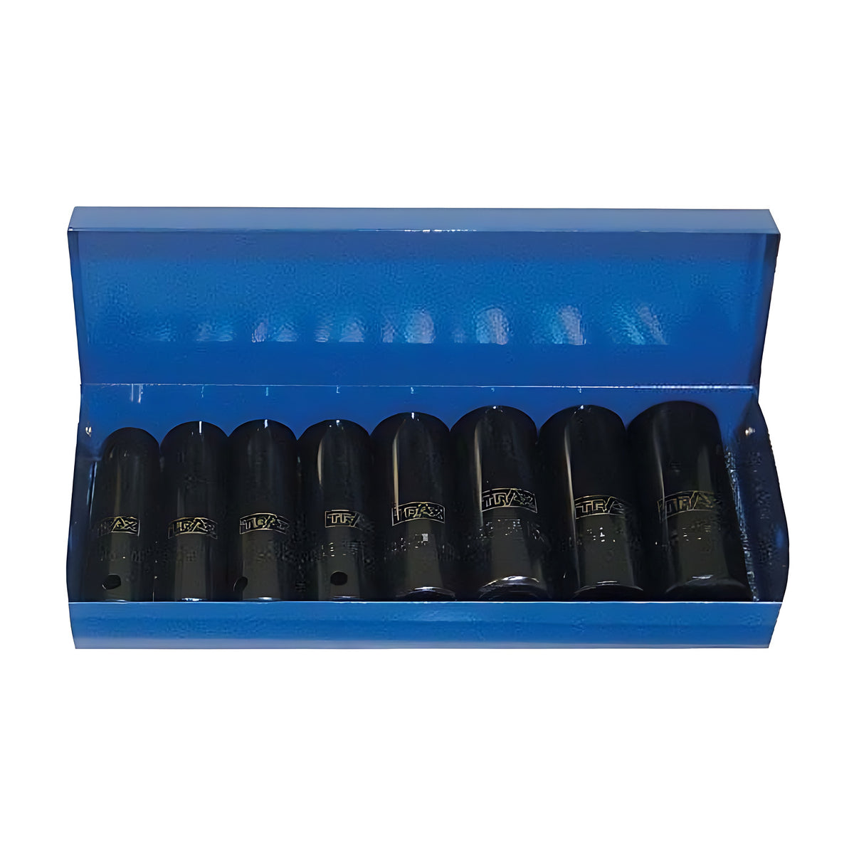 Trax AD-309S 3/8" drive long imperial impact socket set in a blue metal case, eight black sockets