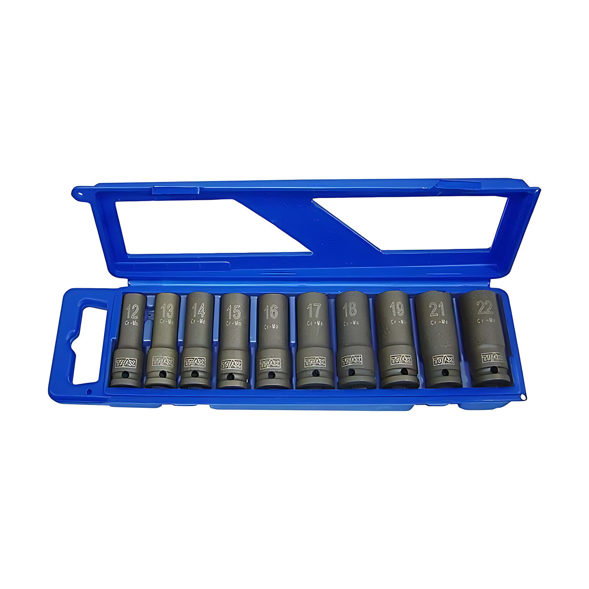 Trax AD-4011MB 1/2" drive deep metric impact socket set, ten sockets marked 12 to 22 in a blue case