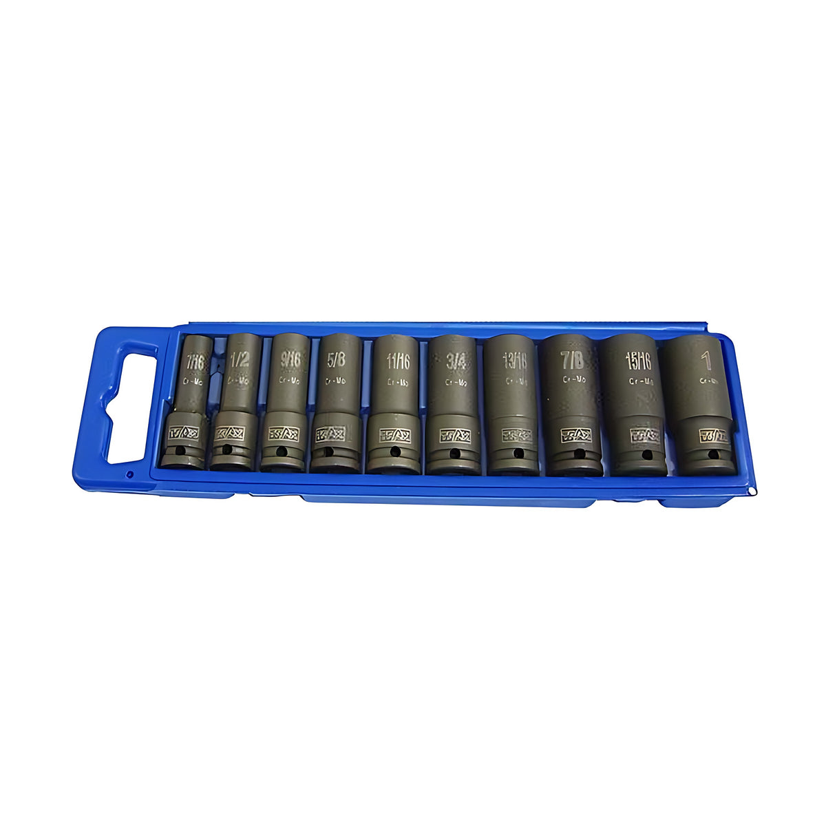 Trax AD-4011SB 1/2" drive deep imperial impact sockets in a blue tray, closer view of the sizes marked on each