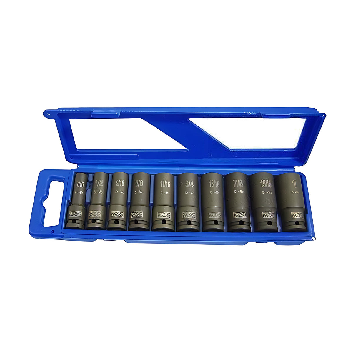 Trax AD-4011SB 1/2" drive deep imperial impact socket set, ten sockets marked 7/16 to 1 in a blue case