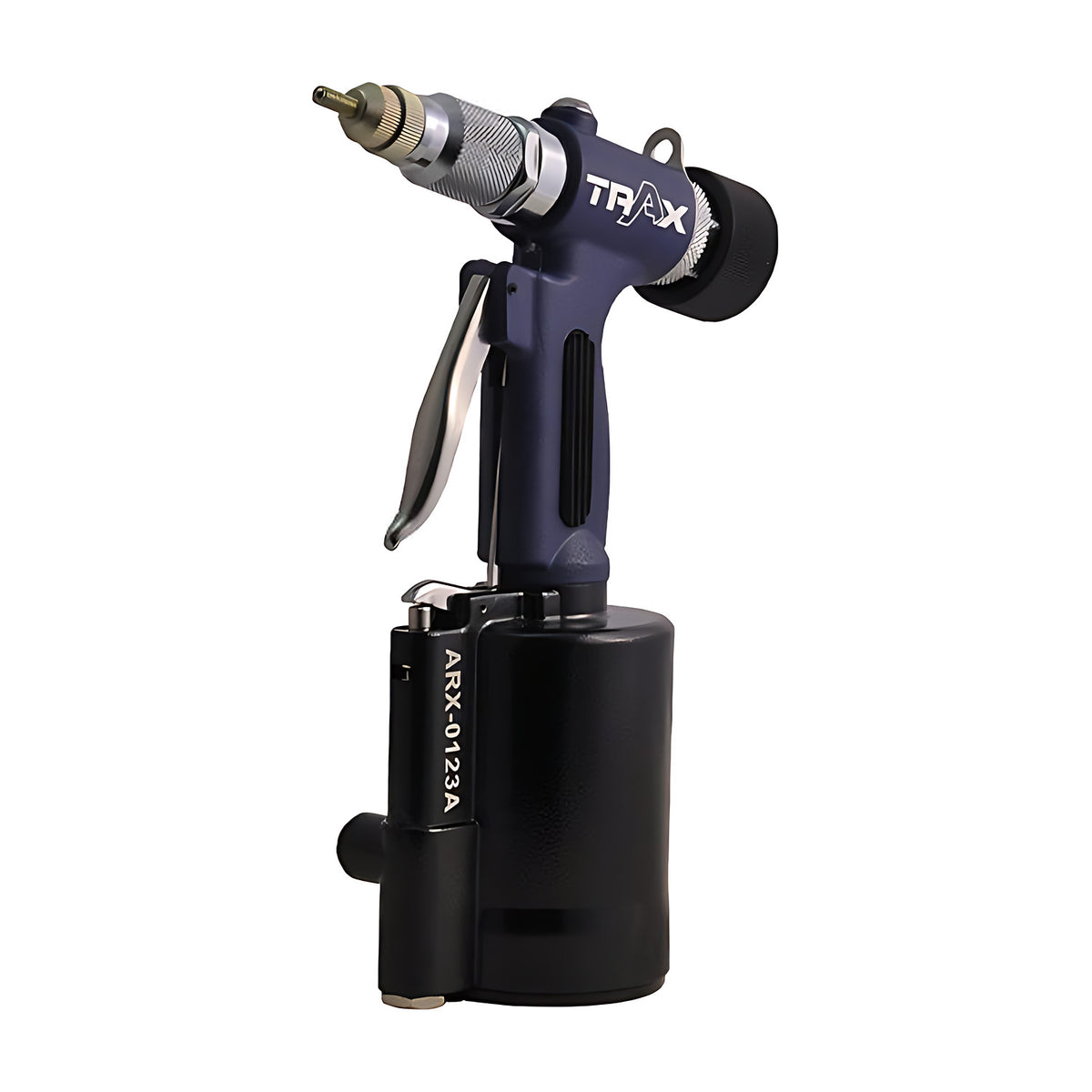 Trax ARX-0123A 7.5mm M4-M10 air nut riveter, blue-grey body with black canister, label reads ARX-0123A