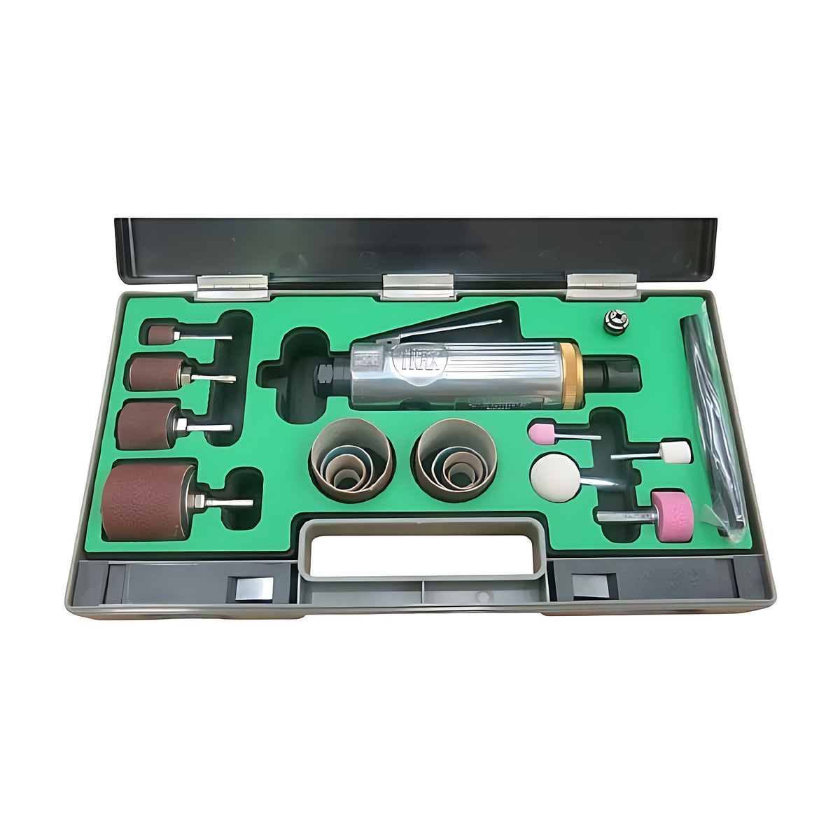 Trax ARX-111SDNK sanding drum kit in a black case with green foam, die grinder, drums and sleeves