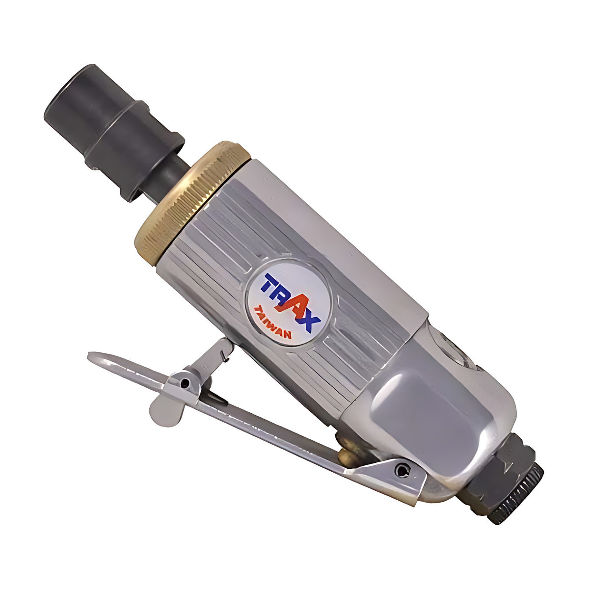 Trax ARX-113M mini air die grinder, silver body with brass collar and trigger lever, angled upright view