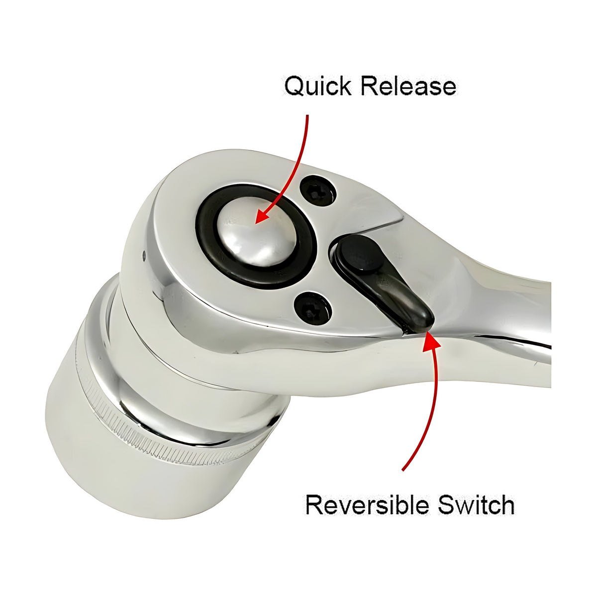 Close-up of a Trax 1/2" drive ratchet head with callouts for the quick release and the reversible switch