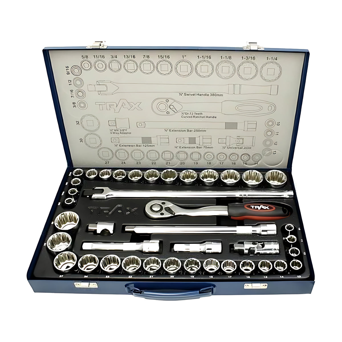 Trax ARX-12040 1/2" drive socket set open in a blue metal case with sockets, ratchet and extension bars
