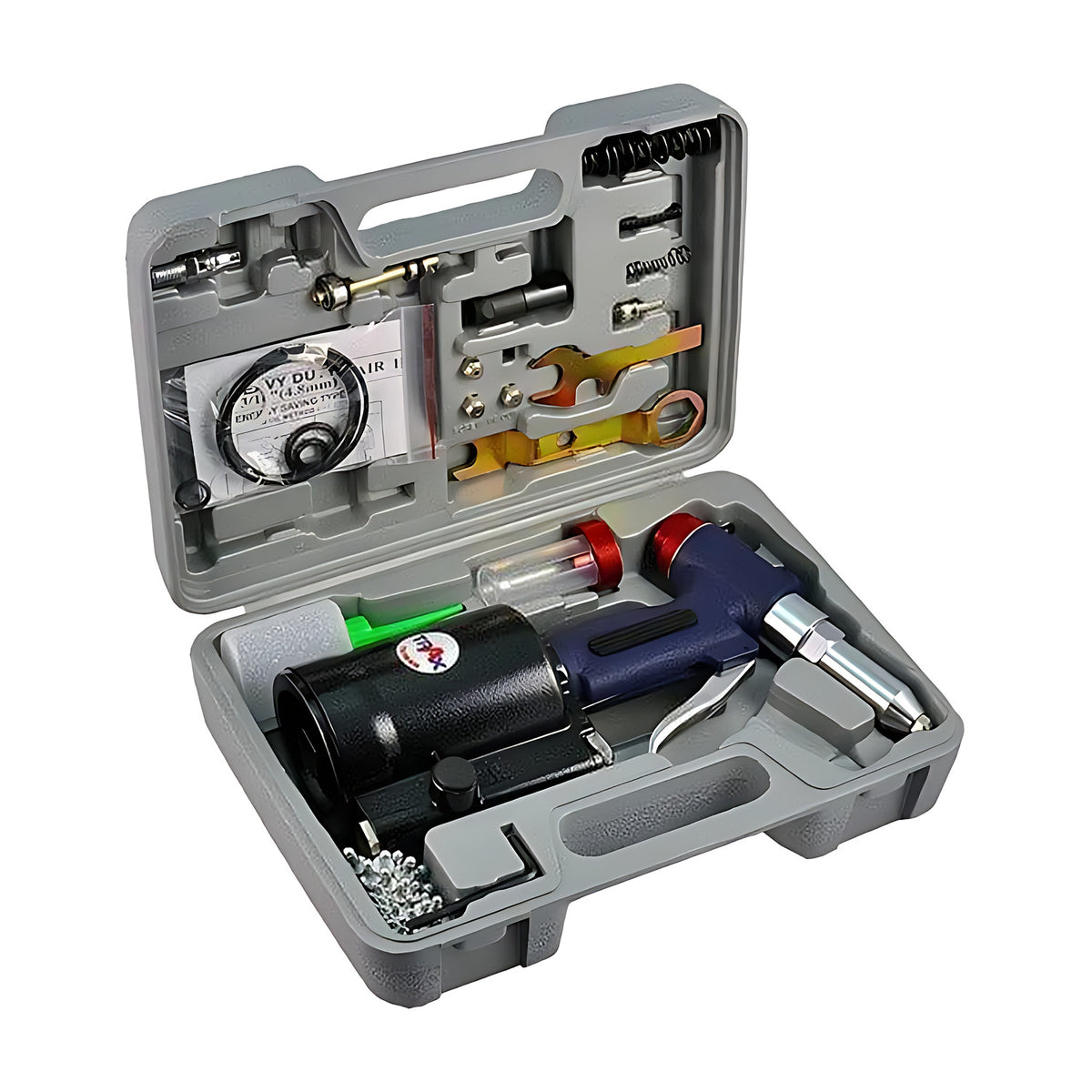 Trax ARX-200NK 3/16" air hydraulic riveter kit in a grey case with the riveter, nosepieces and accessories