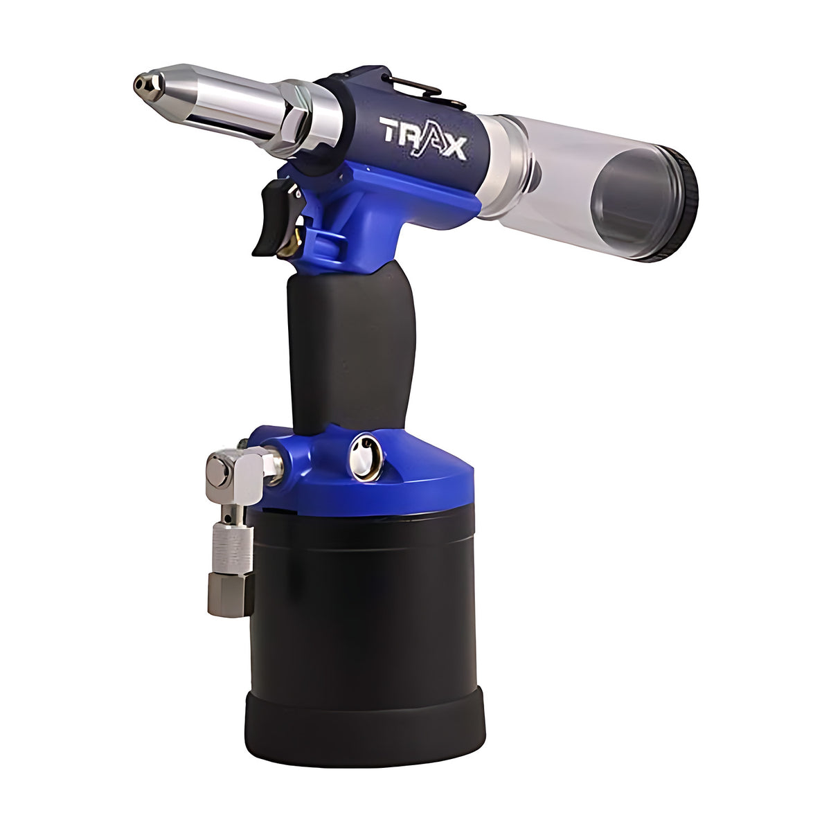 Trax ARX-270N 3/16" air hydraulic riveter, blue and black with a clear rivet collection tube, on white background