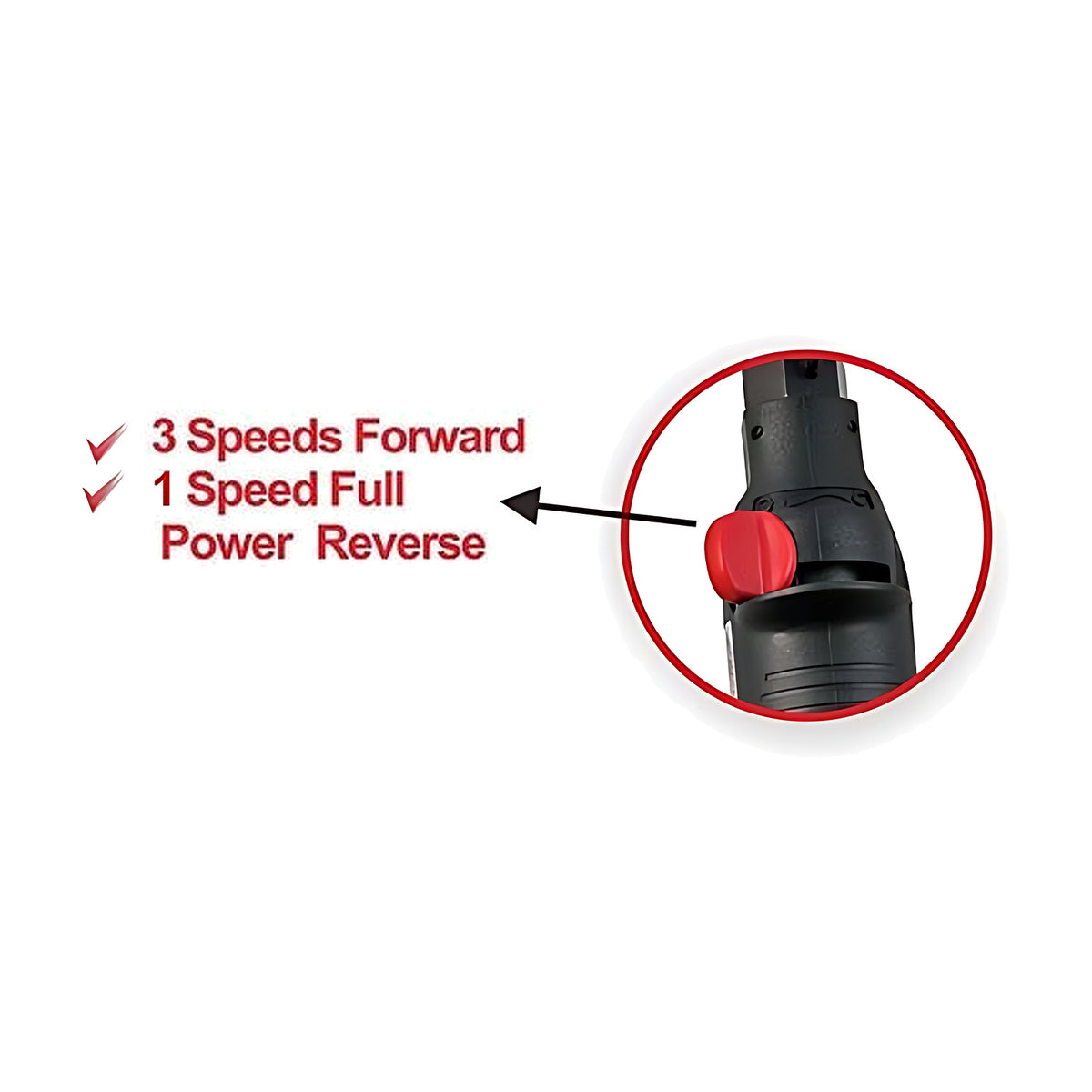Graphic for the Trax ARX-3108 air screwdriver: 3 speeds forward, 1 speed full power reverse, switch circled