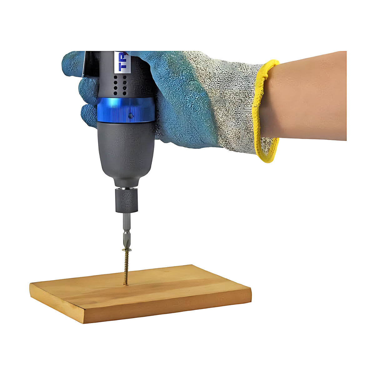 Trax ARX-3108 air screwdriver in use, a gloved hand driving a screw into a wooden board