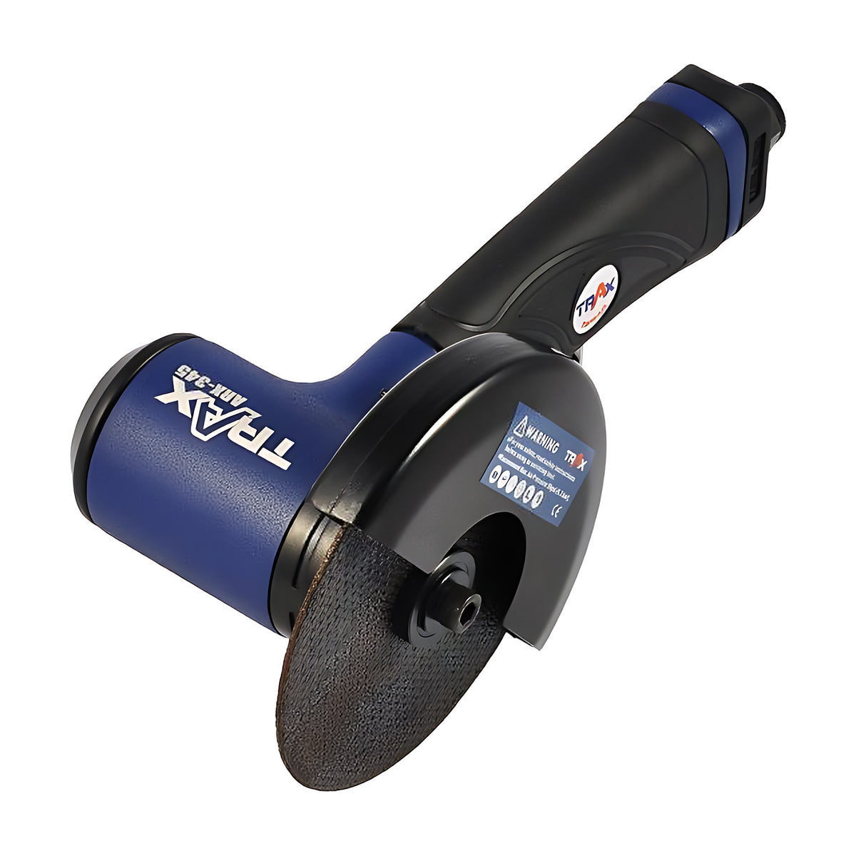 Trax ARX-345 4" air straight cut-off tool, blue and black body with cut-off wheel and guard, on white background