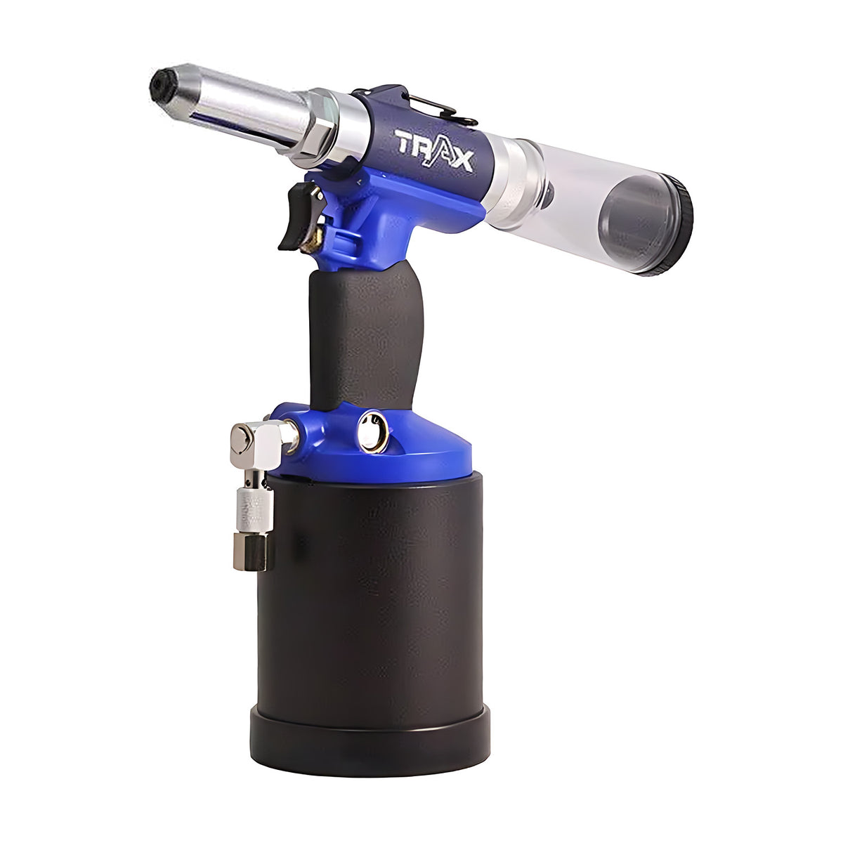 Trax ARX-380 5/16" air hydraulic riveter, blue and black with clear collection tube, side view