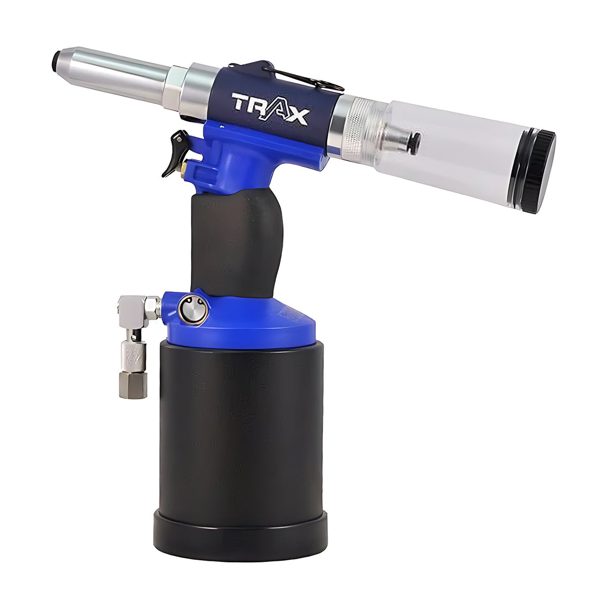 Trax ARX-380 5/16" air hydraulic riveter, three-quarter front view with the air fitting on the left