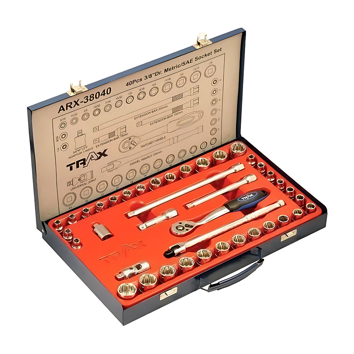 Trax ARX-38040 3/8" drive socket set in its blue case with orange tray, viewed from an angle