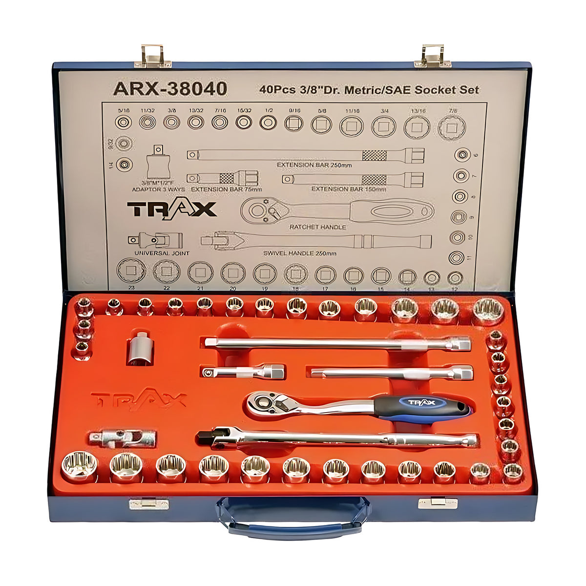 Trax ARX-38040 3/8" drive MM/SAE socket set, 40Pc, open in a blue case with orange tray, sockets and ratchet
