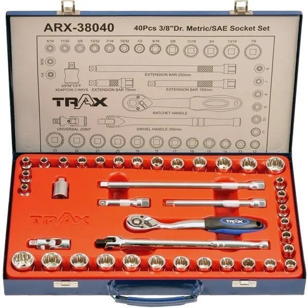 Trax ARX-38040 3/8" Drive MM/SAE Socket Set, 40Pc Set - AIMS Industrial Supplies