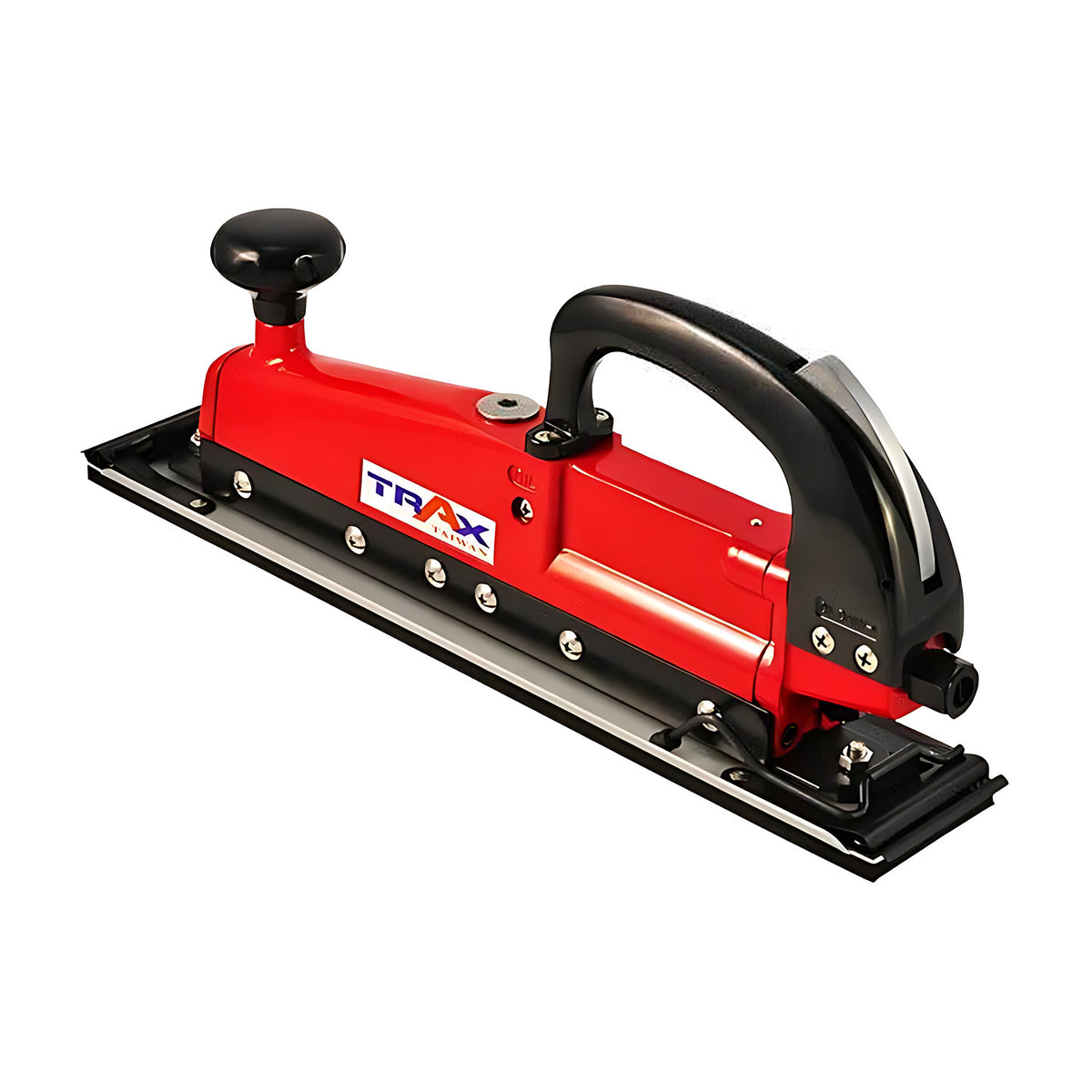 Trax ARX-468 dual piston sander, red with black handle and front knob, viewed from the front corner