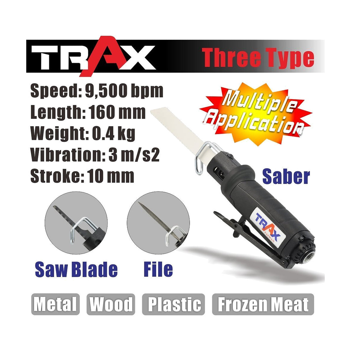 Trax ARX-6072 graphic with speed, length, weight, vibration and stroke figures, and saw blade and file icons