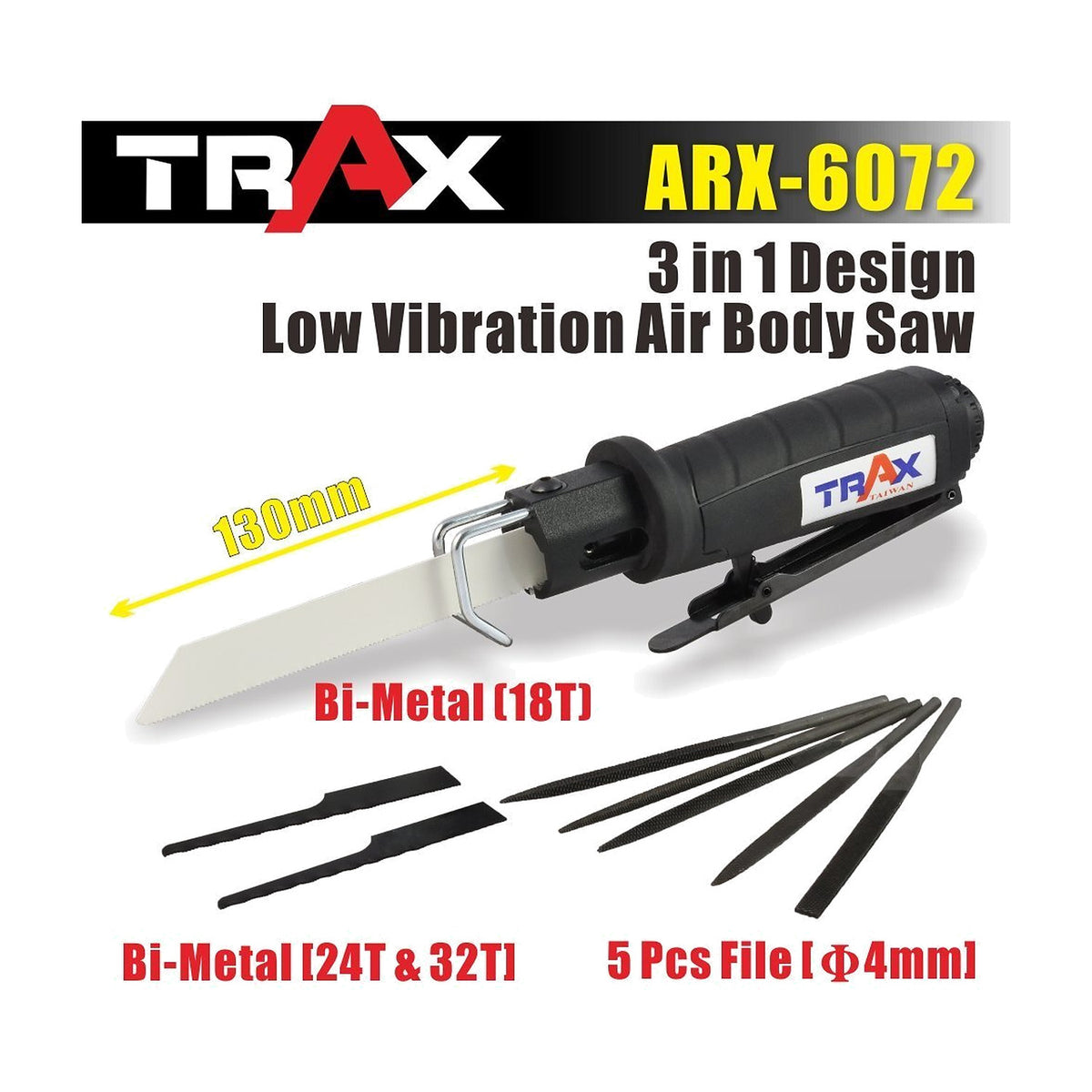 Trax ARX-6072 graphic: 3 in 1 design low vibration air body saw with blade, spare blades and files labelled