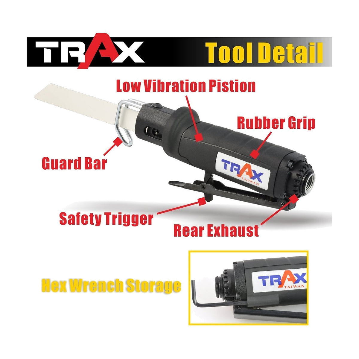 Trax ARX-6072 tool detail graphic labelling the guard bar, safety trigger, rubber grip and rear exhaust