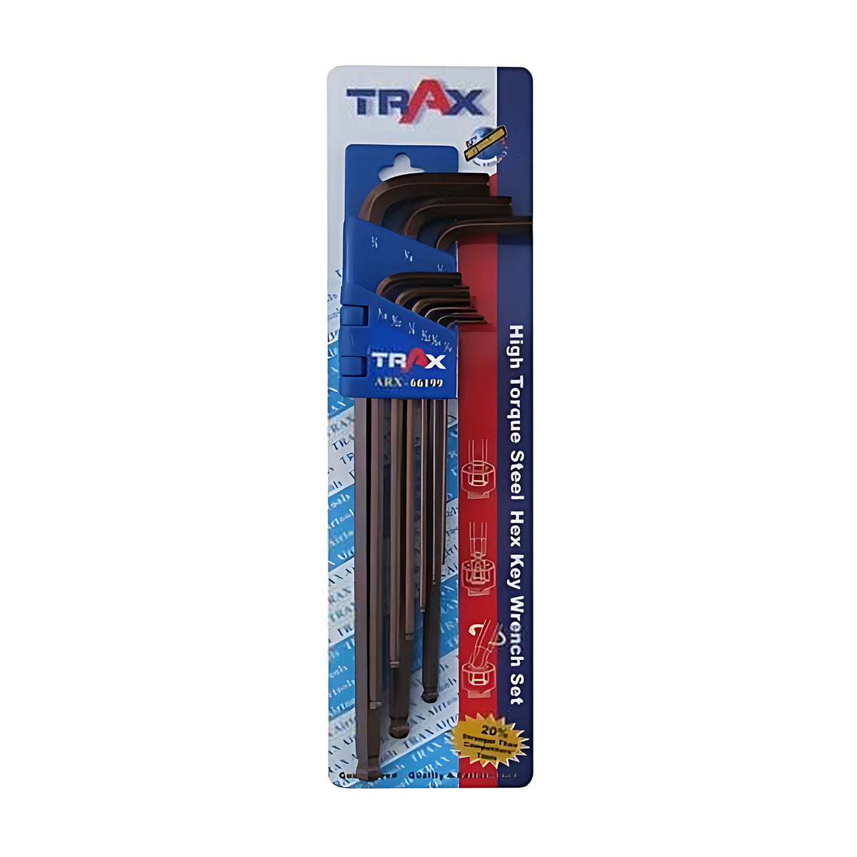 Trax hex key wrench set on a blue and red blister card; the card reads High Torque Steel Hex Key Wrench Set