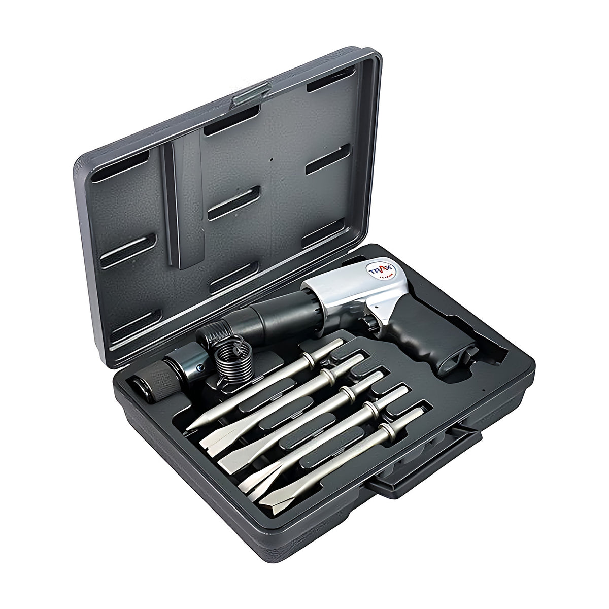 Trax ARX-715HHK hex shank air chisel hammer kit in an open black case with hammer, chisels and spring retainer