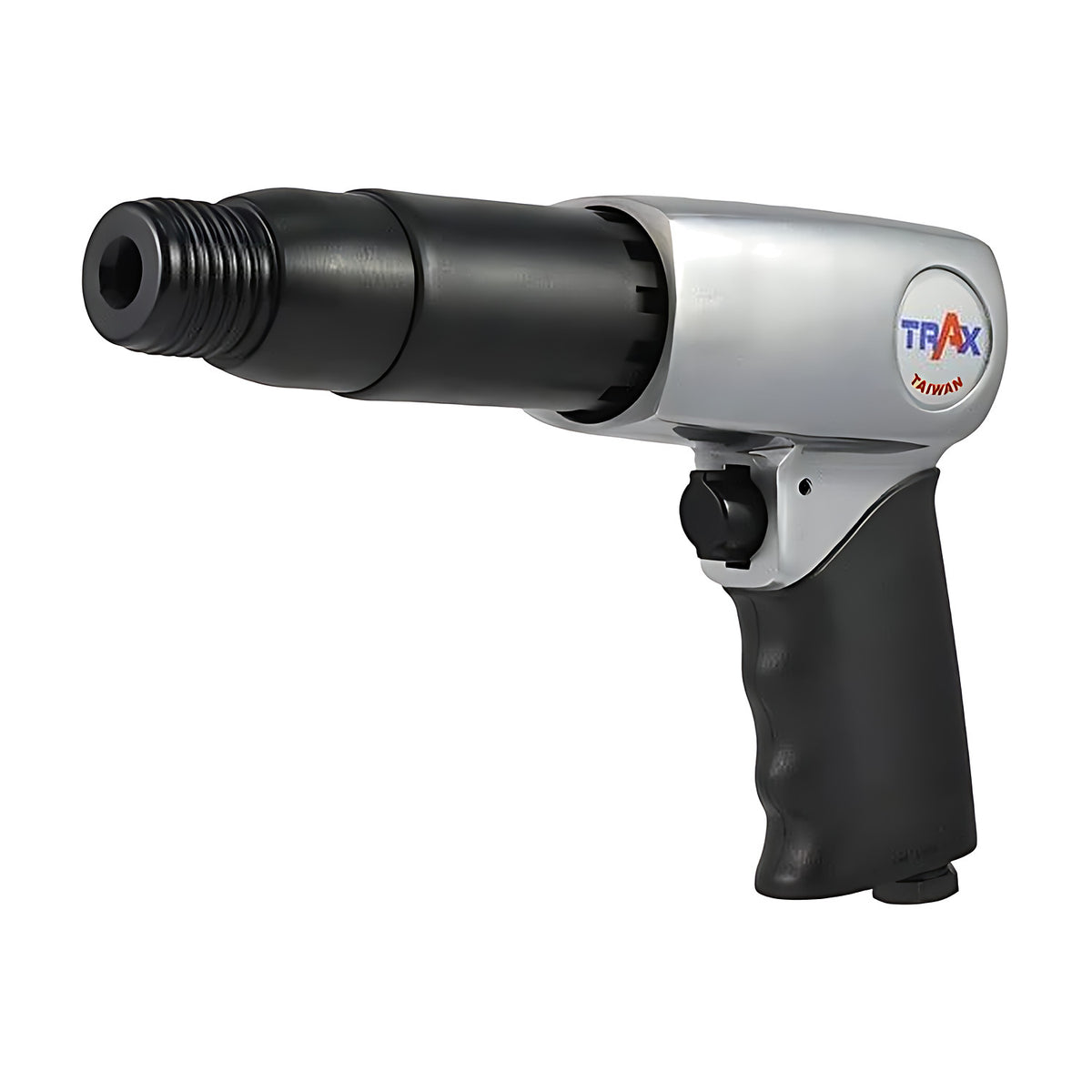 Trax ARX-715R 10.2mm round shank long air chisel hammer, black barrel and silver body, on white background