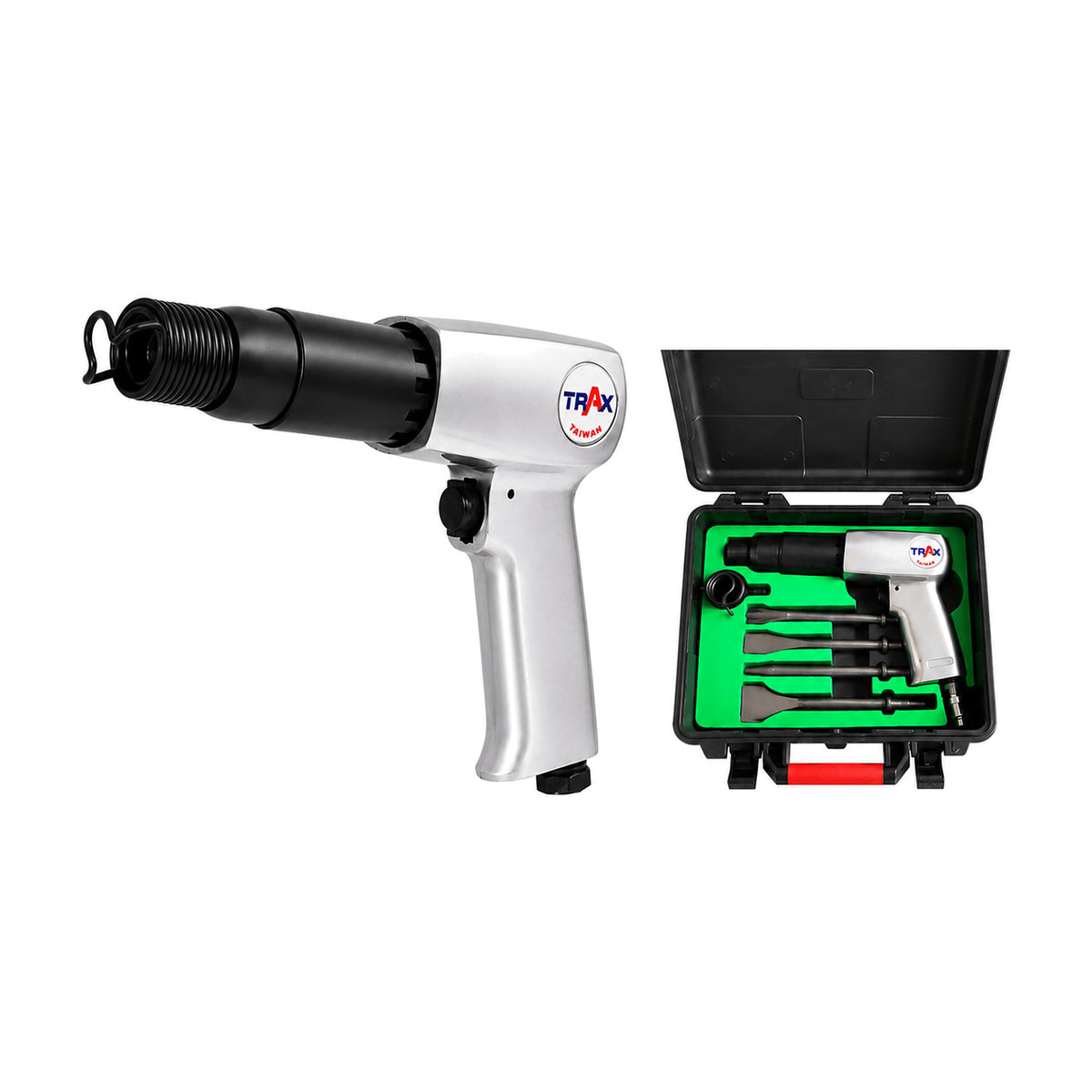 Trax ARX-715RRK round shank air chisel hammer beside an open black case with green lining holding chisels