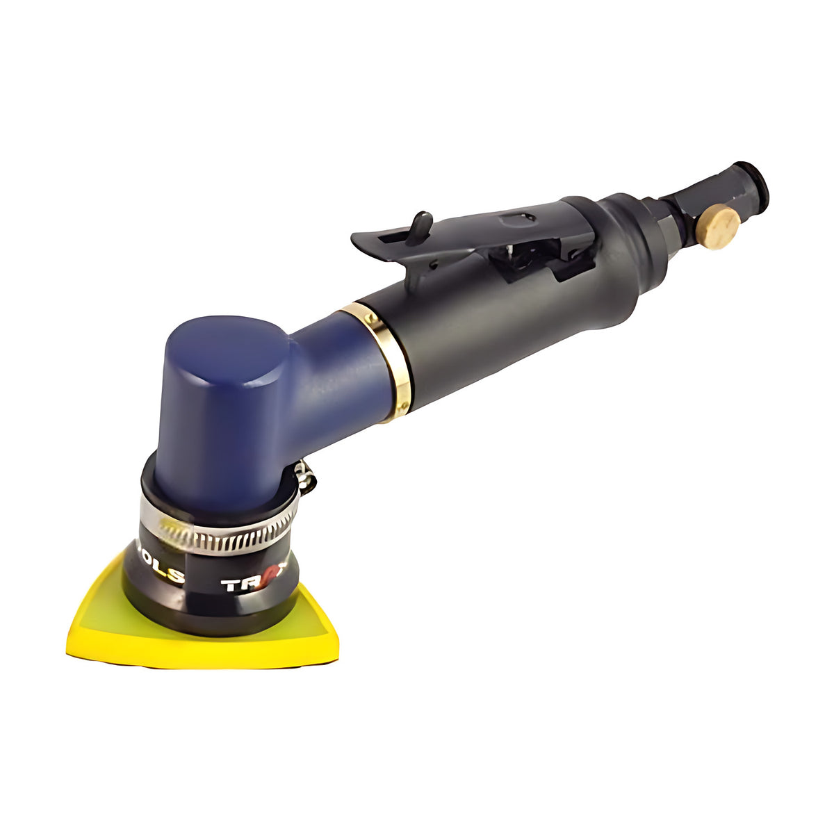Trax ARX-768E 1/4" air detail sander, blue head with yellow triangular pad, product on white background