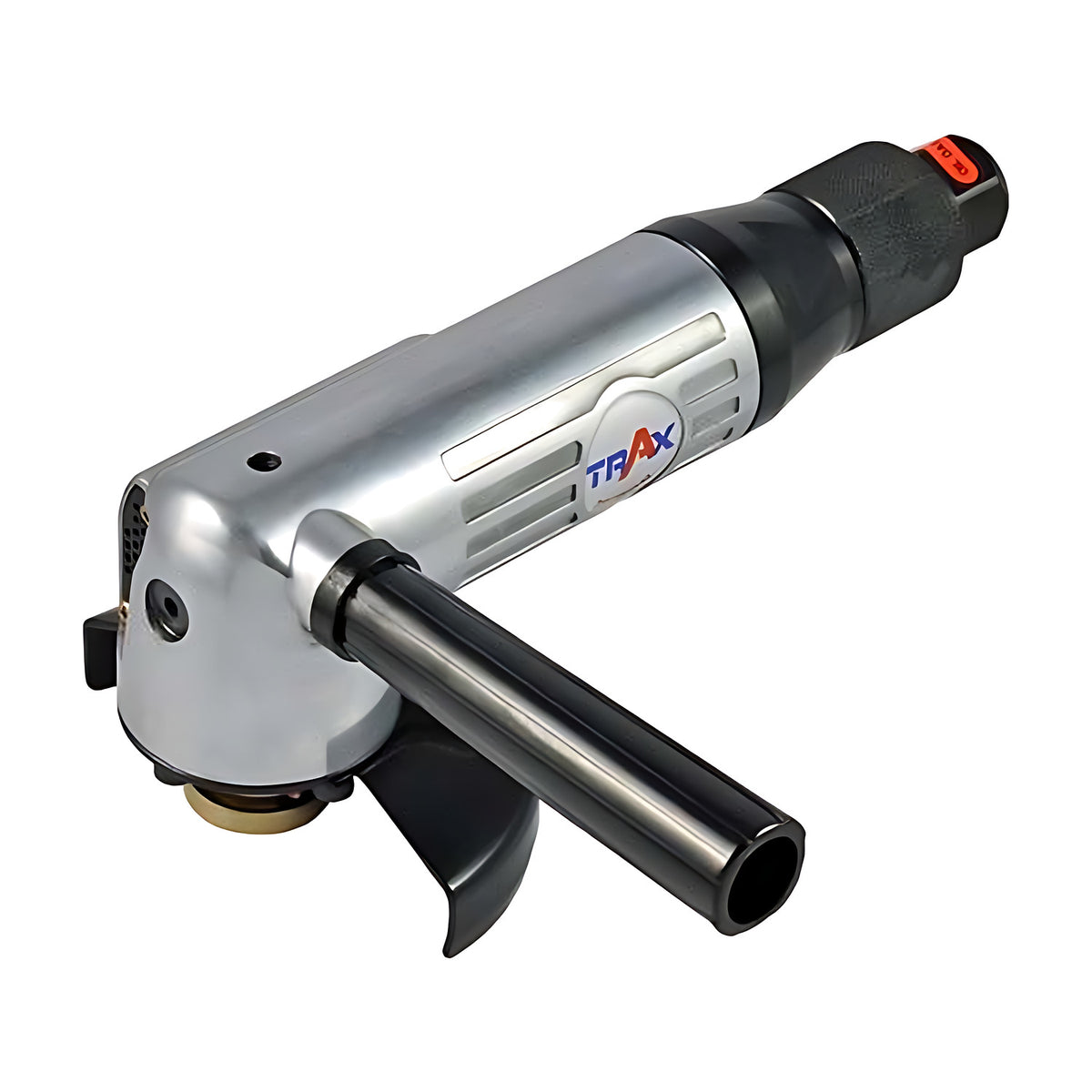Trax ARX-832R 4" air angle grinder, silver and black body with long black side handle and guard