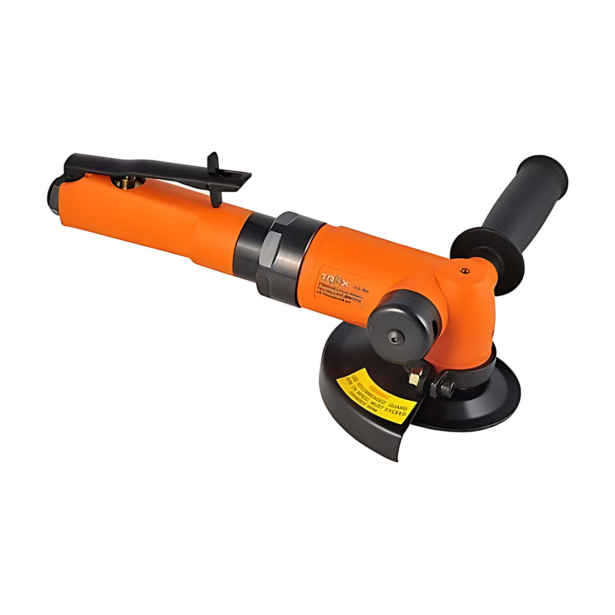 Trax ARX-855 5" air angle grinder, orange body with side handle on the right and warning label on the head