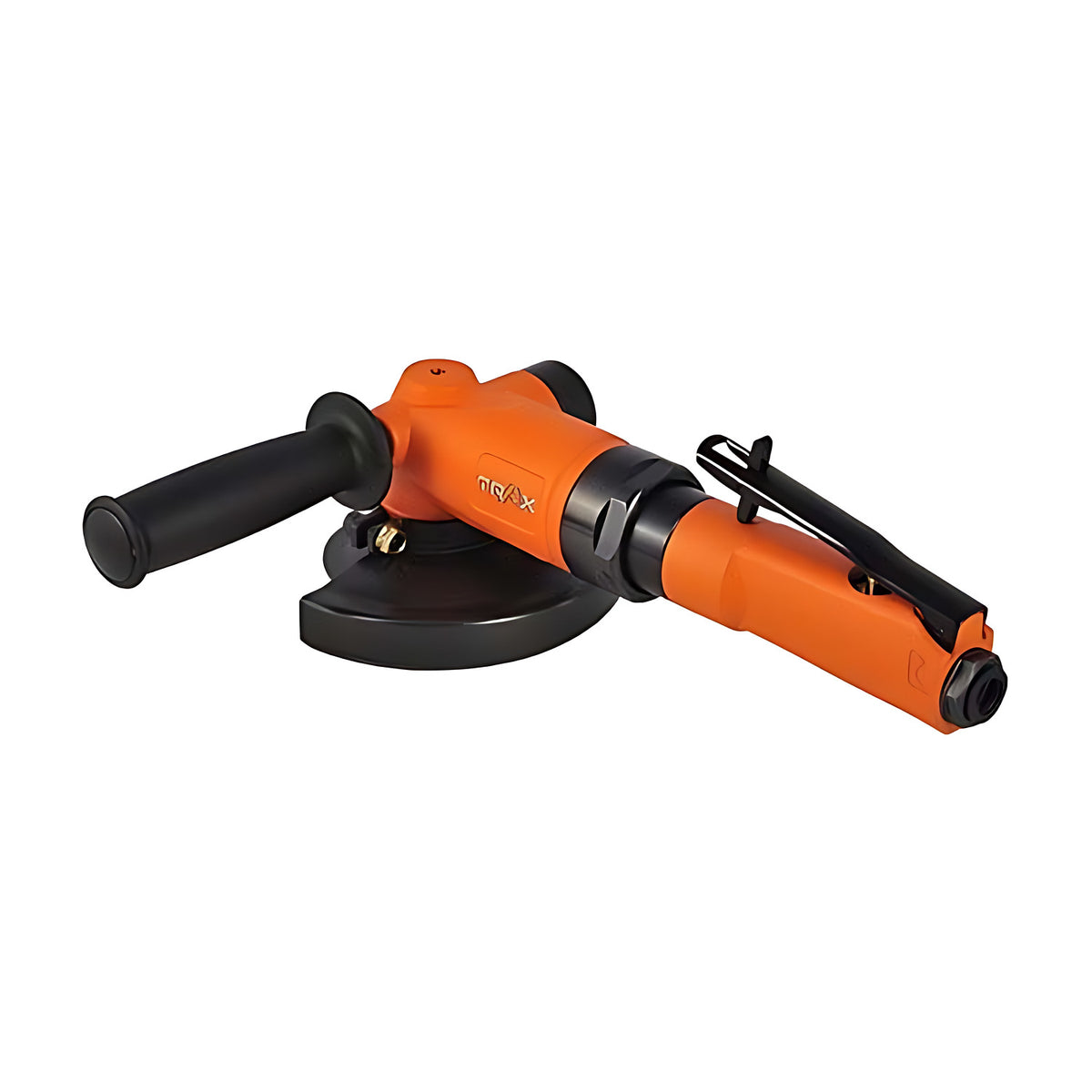 Trax ARX-855 5" air angle grinder, orange body with side handle on the left, seen from the front