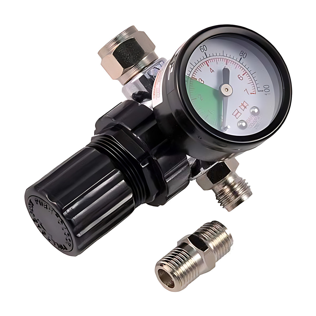 Trax ARX-BR100 1/4" air regulator with pressure gauge, black body, and a brass fitting beside it