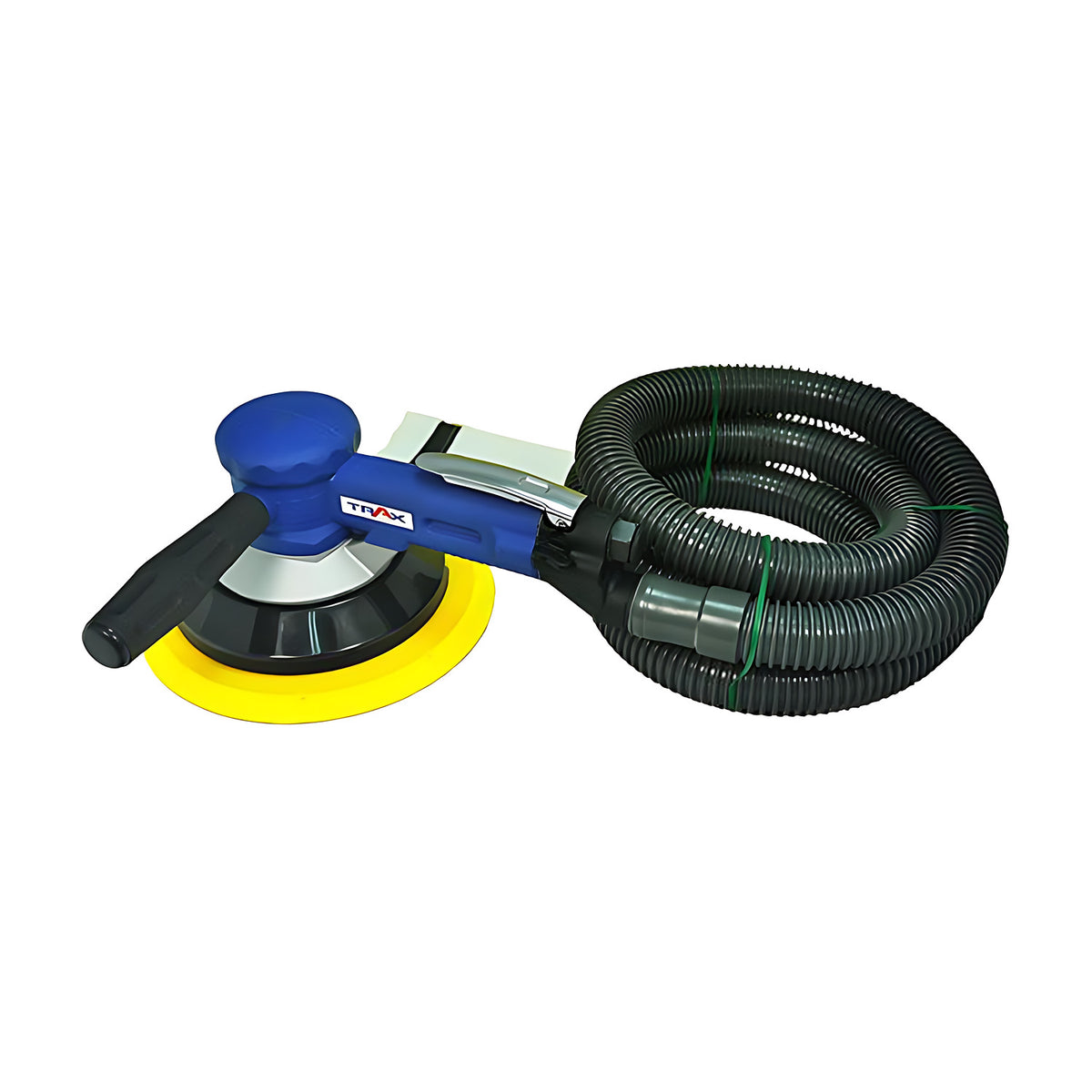 Trax ARX-GD8-S 200mm orbital sander with green vacuum hose attached, on white background