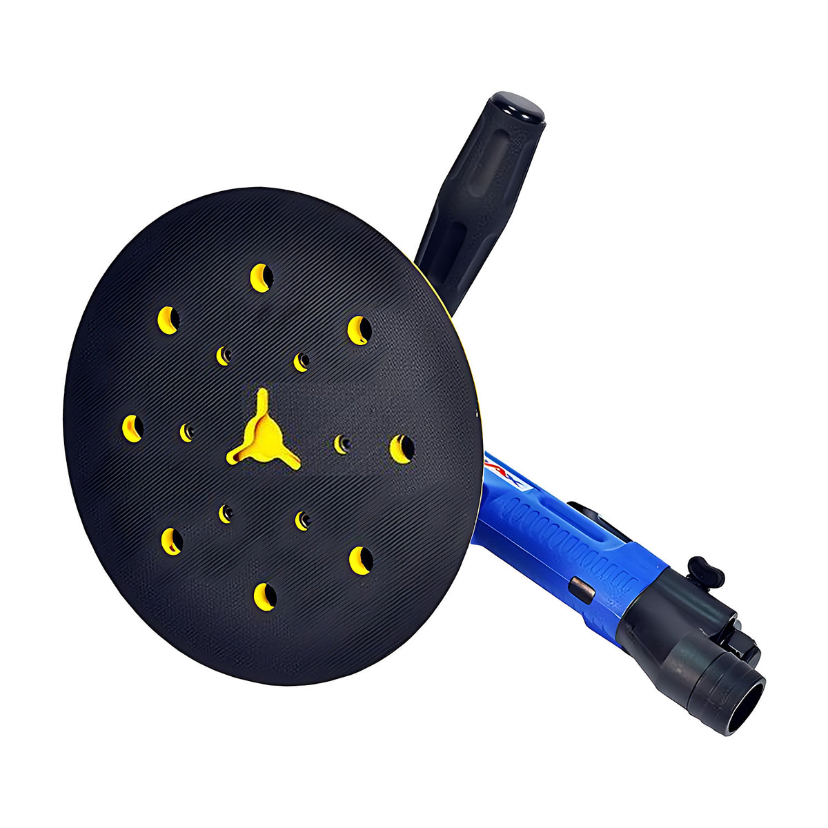 Trax ARX-GD8-S sander underside showing the black 200mm backing pad with yellow dust extraction holes