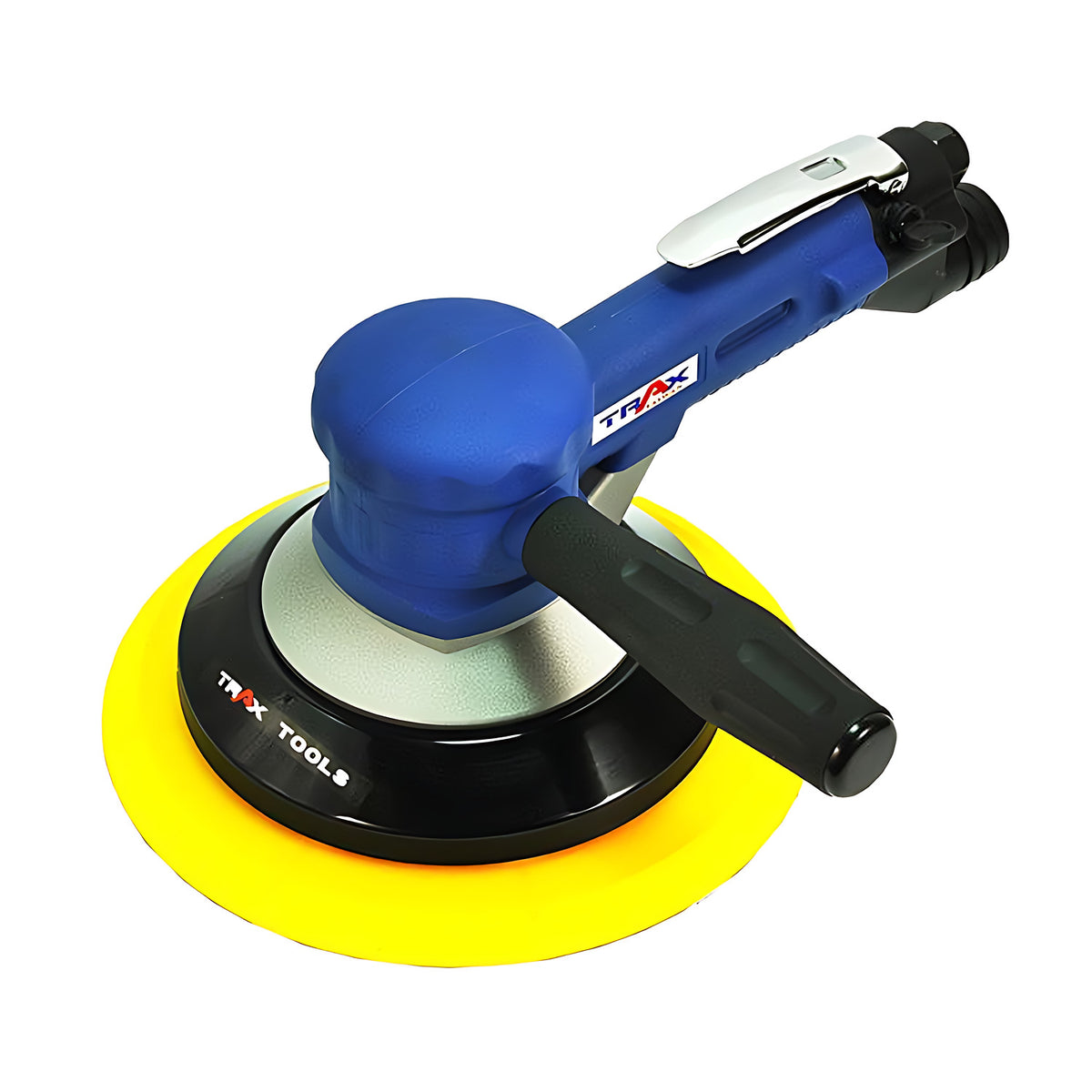Trax ARX-GD8-S 200mm orbital sander, blue and black body with yellow backing pad, on white background