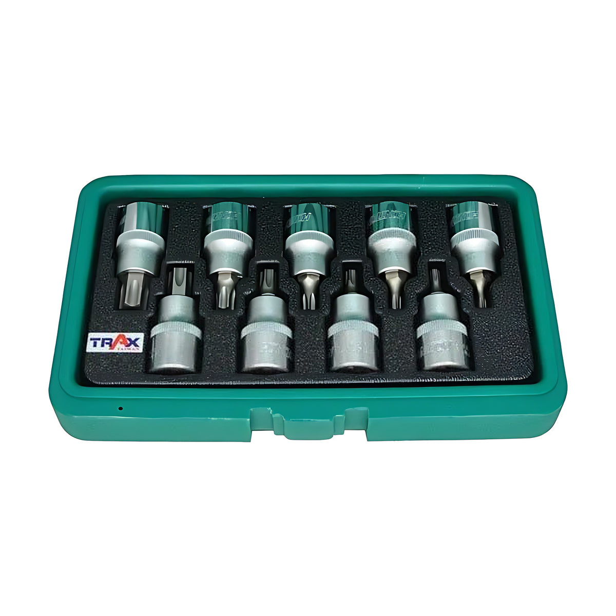 Trax ARX-SB4009TRB 1/2" drive star socket bit set in a green case, star bits in black foam