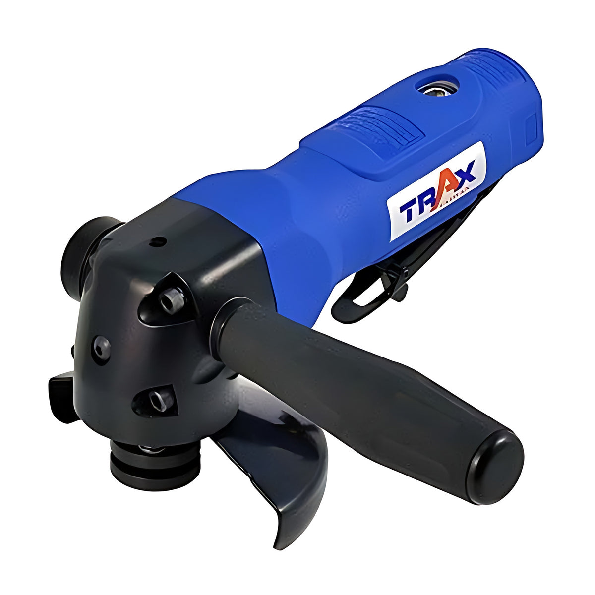 Trax ARX-ST804 4" air angle grinder, blue body with black guard and side handle, on white background