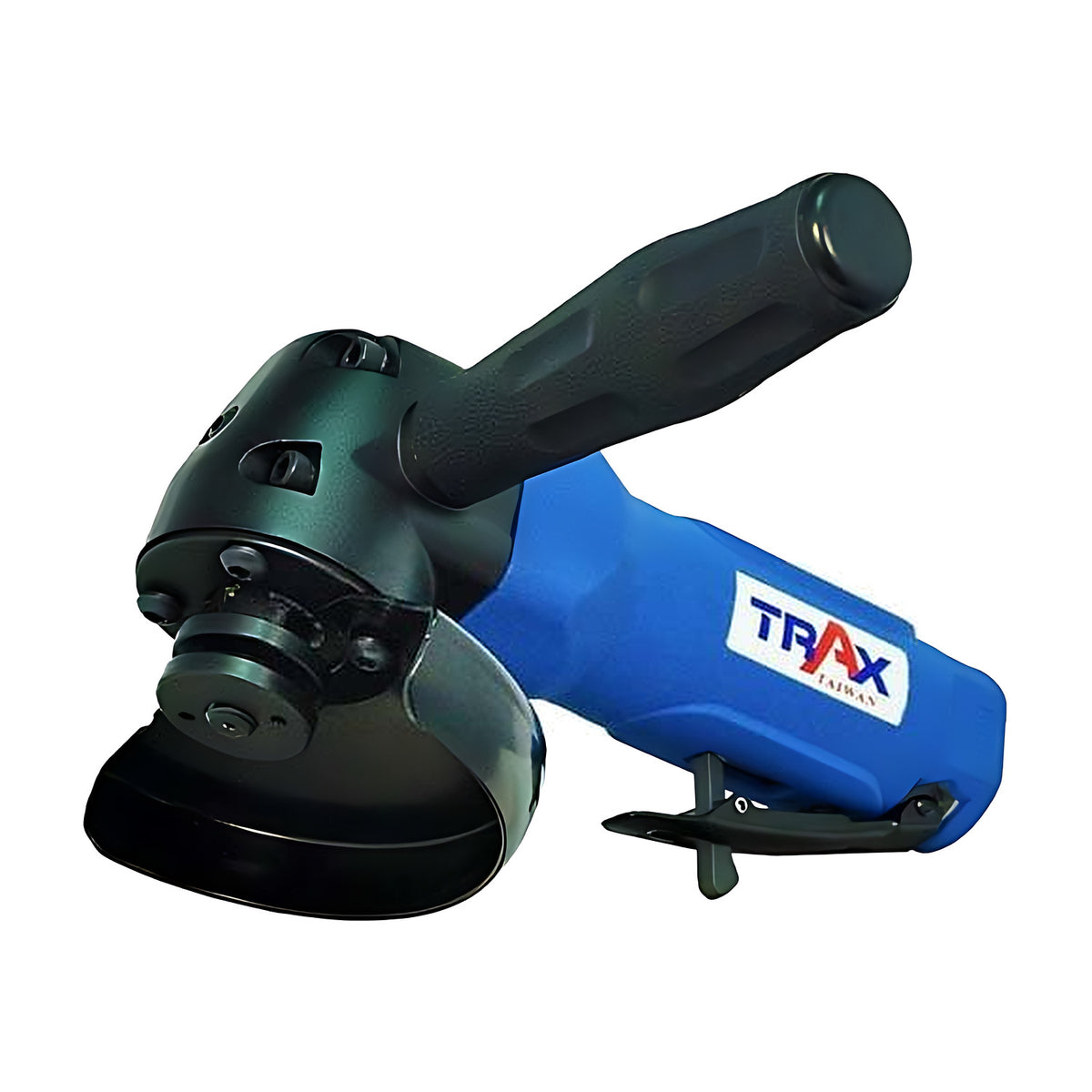 Trax ARX-ST804 4" air angle grinder seen from the guard side, blue body and black handle, on white background