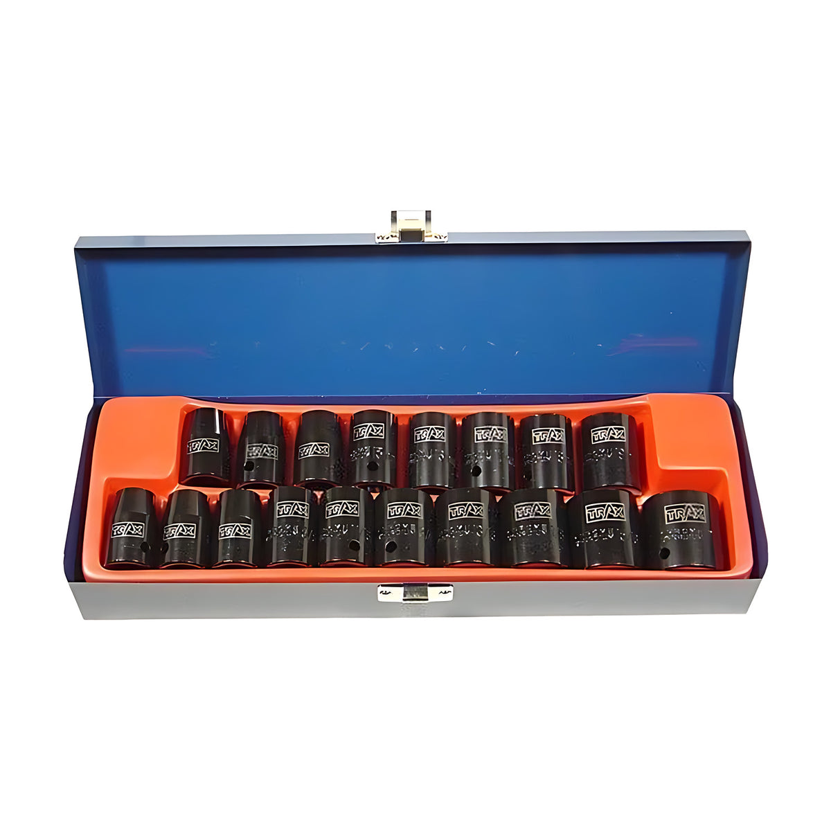Trax AS-419C 1/2" drive impact sockets, eighteen in a blue metal case with an orange tray, lid open