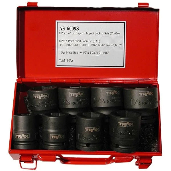 Trax AS-6009S 3/4" Drive 6PT Imperial Impact Socket Set, 8Pc Set1