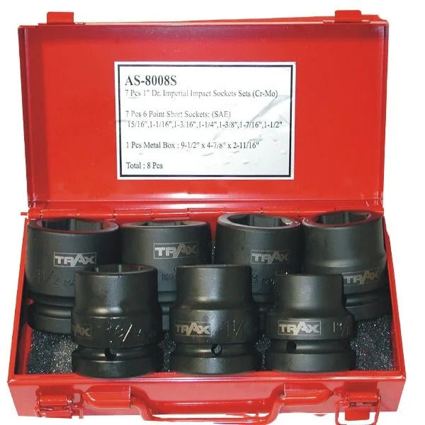 Trax AS-8008S 1" Drive 6PT Deep SAE Impact Socket Set, 7Pc Set1