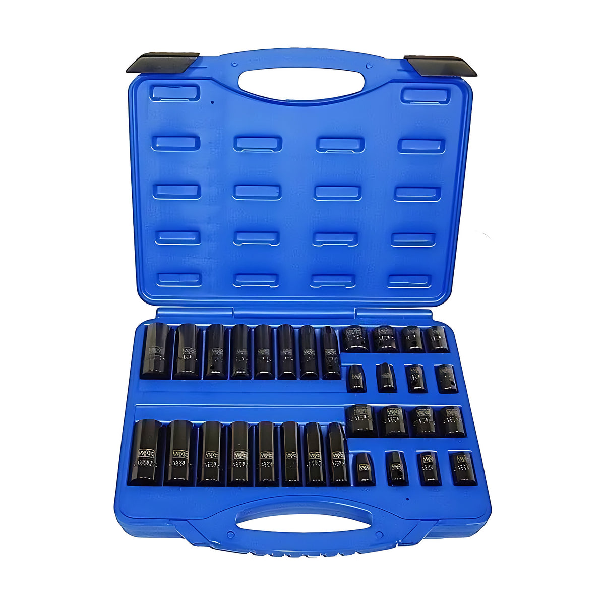 Trax ASD-333CB 3/8" drive impact socket set in a blue moulded case, upright view with the empty lid beside the sockets