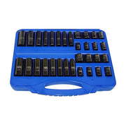 Trax ASD-333CB 3/8" drive metric and SAE impact socket set in a blue moulded case, sockets in rows, lid open